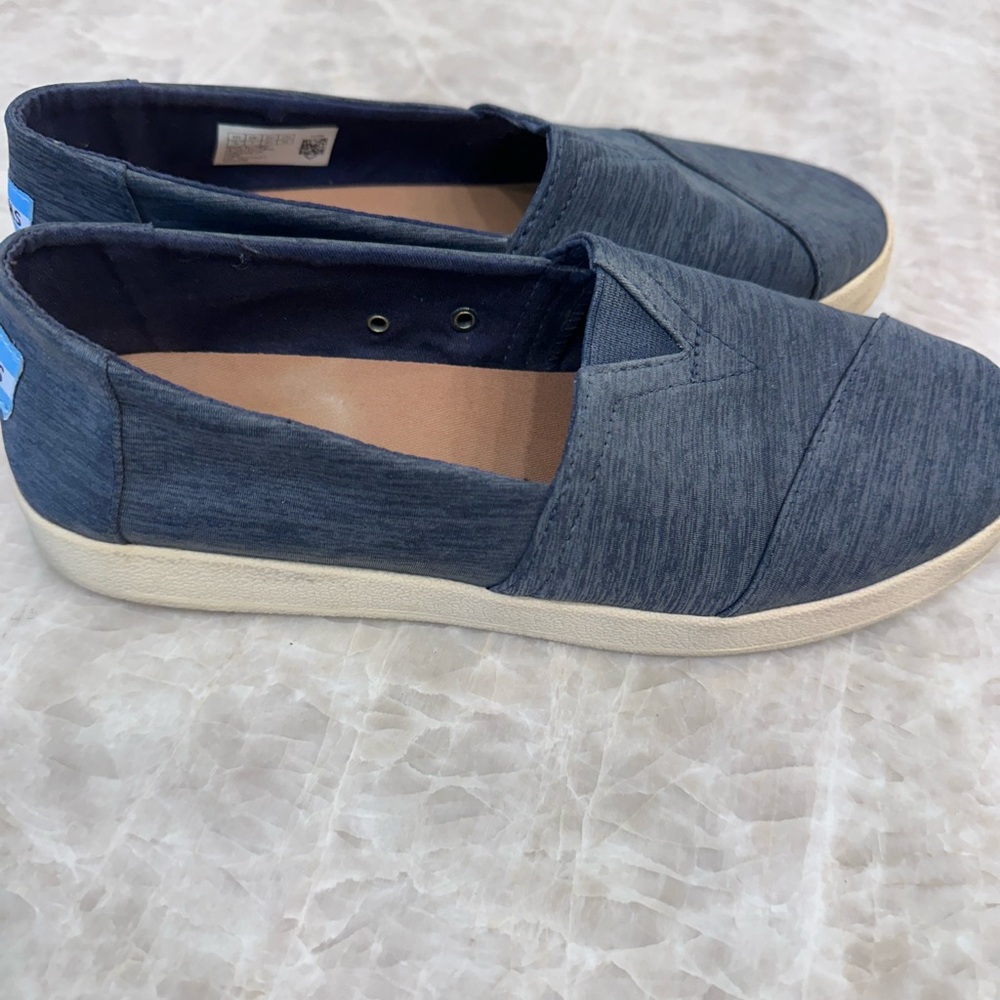 TOMS- denim-look slip ons with casual runner-like bottom sole. Size 9